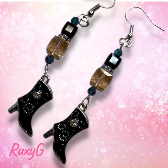 597. Black and Silver Boot Earrings w/ Sworaski Crystal - Picture 3 of 8
